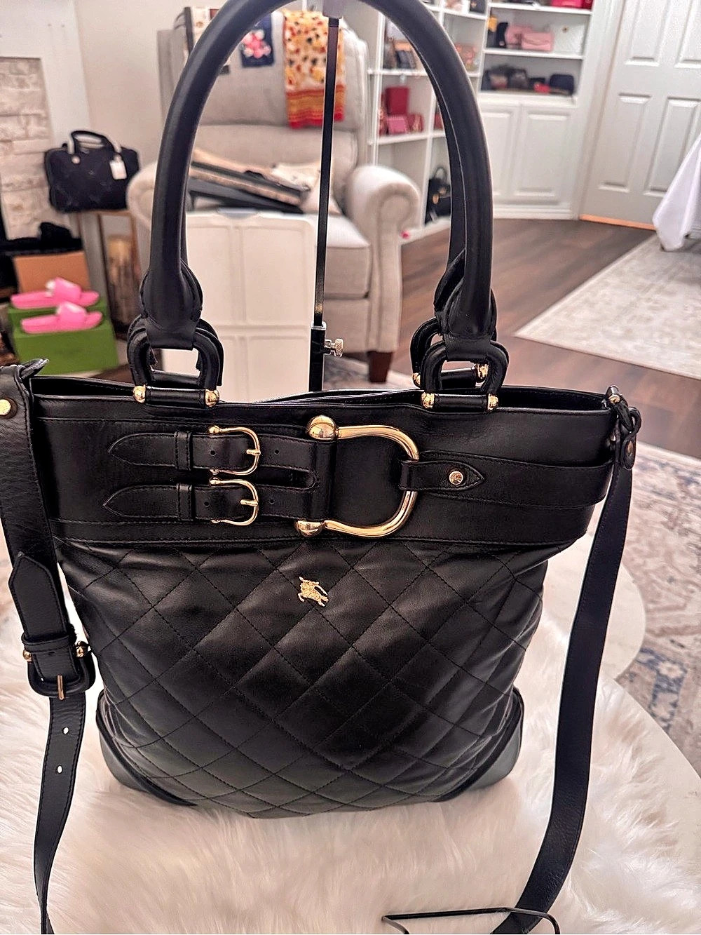 Burberry Quilted Tote Crossbody Strap in Black Leather
